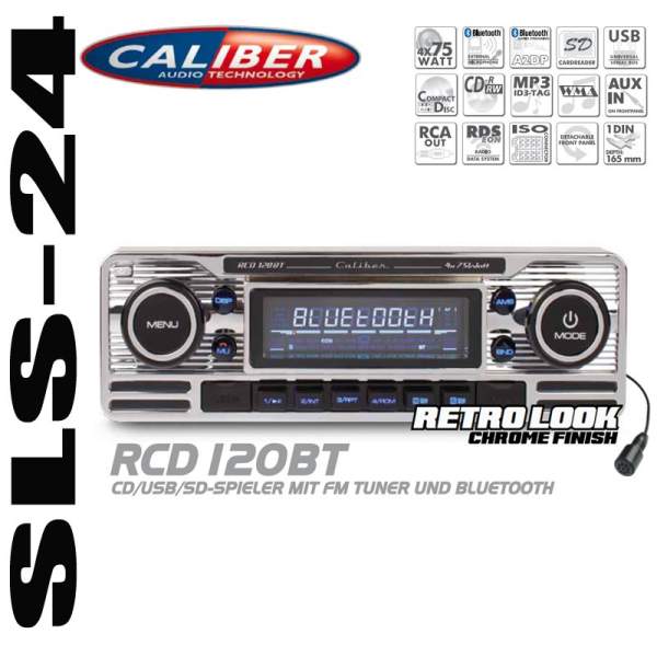 Caliber RCD120BT FM RDS "Retro Look" Radio mit Bluetooth CD MP3 USB SD A2DP Autoradio Chrome Finish