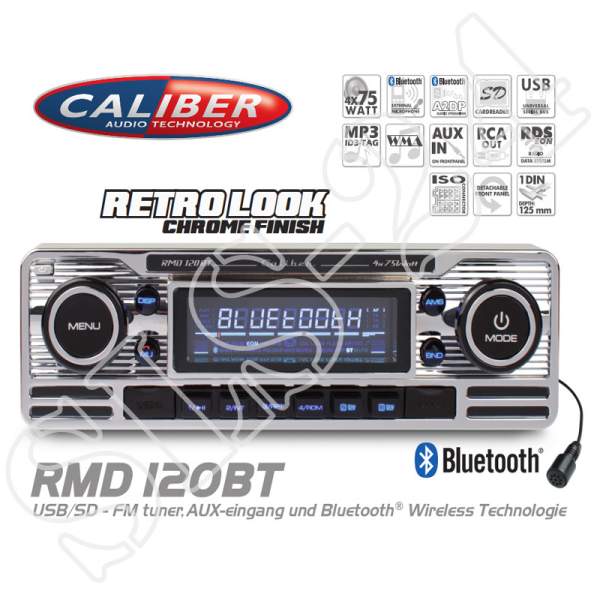 Caliber RMD120BT FM RDS Retro Look Radio mit Bluetooth MP3 USB SD A2DP Autoradio Chrome Finish