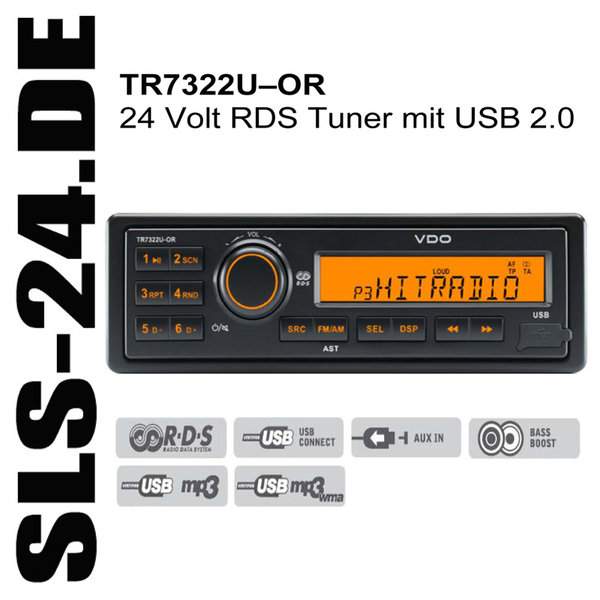 VDO Radio TR7322U-OR 24 Volt LKW / Truck / BUS RDS Tuner mit USB 2.0 und AUX Eingang