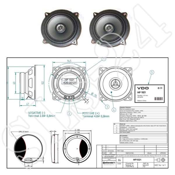 VDO / Continental HP1021 2-Wege Lautsprecher 10cm 50W 100mm schwarzer Grill Boxen Speaker