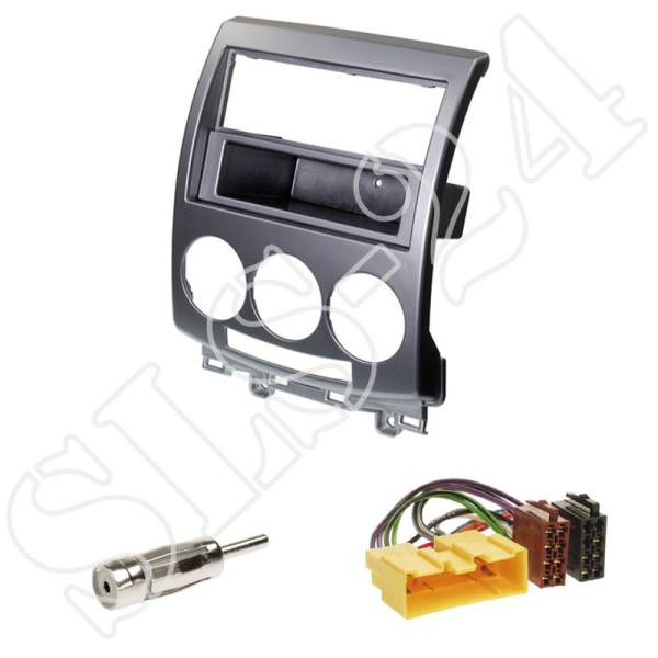 Autoradio 2-DIN mit Fach Einbaurahmen Radioblende + Adapter Einbauset Mazda 5 von 2006-2011 silber